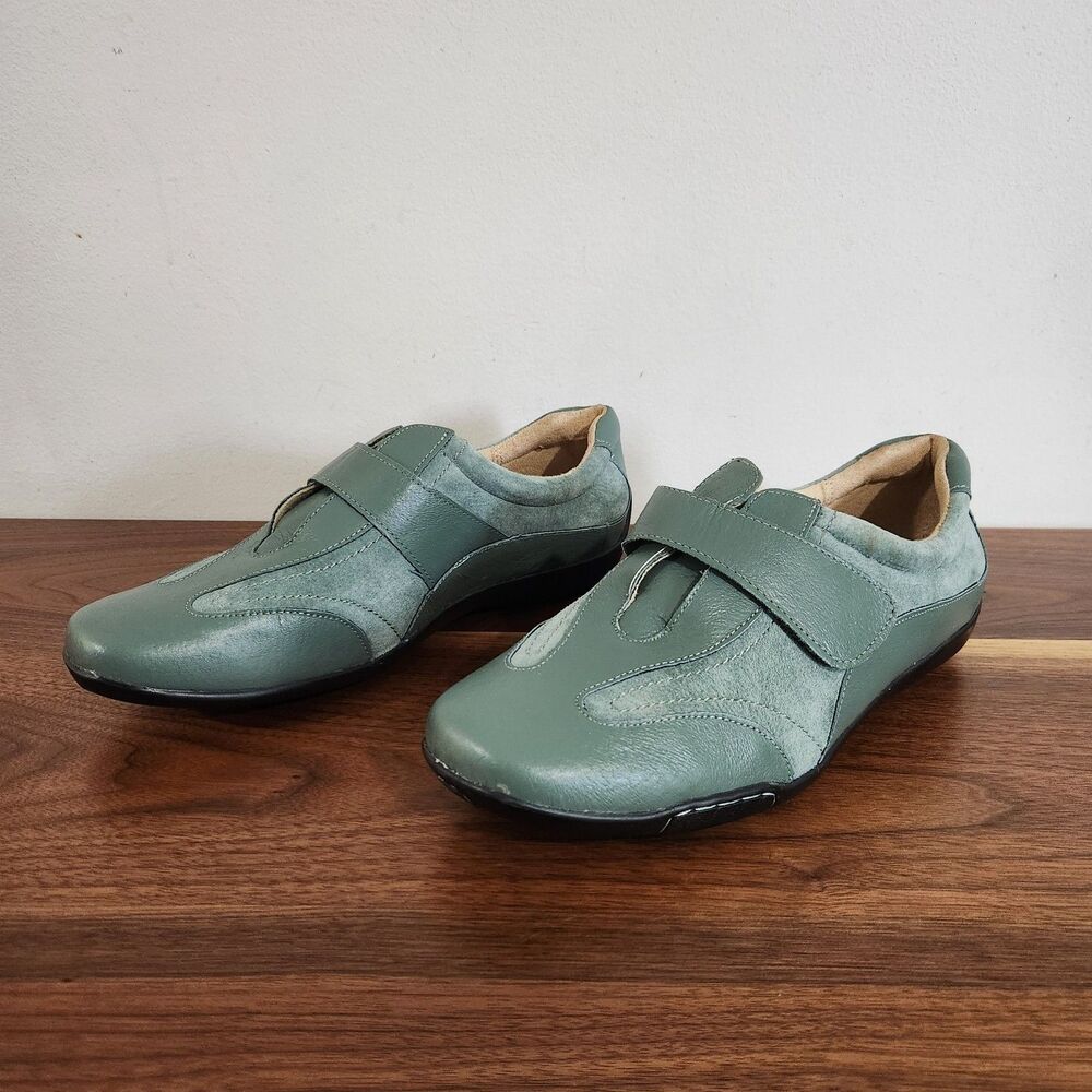 Dr Scholls Women 10W Green Leather Comfort Sneaker Shoe Hook and Loop Closure